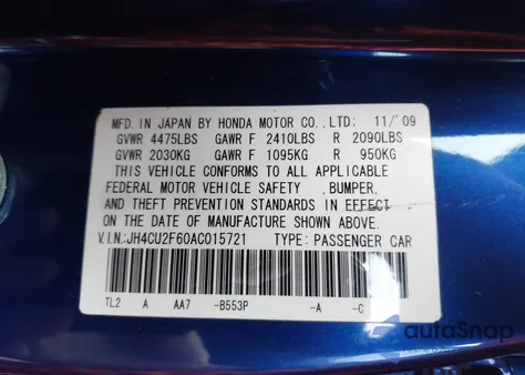 2010 Acura Tsx 2.4 z USA, uszkodzony, nr VIN JH4CU2F60AC015721